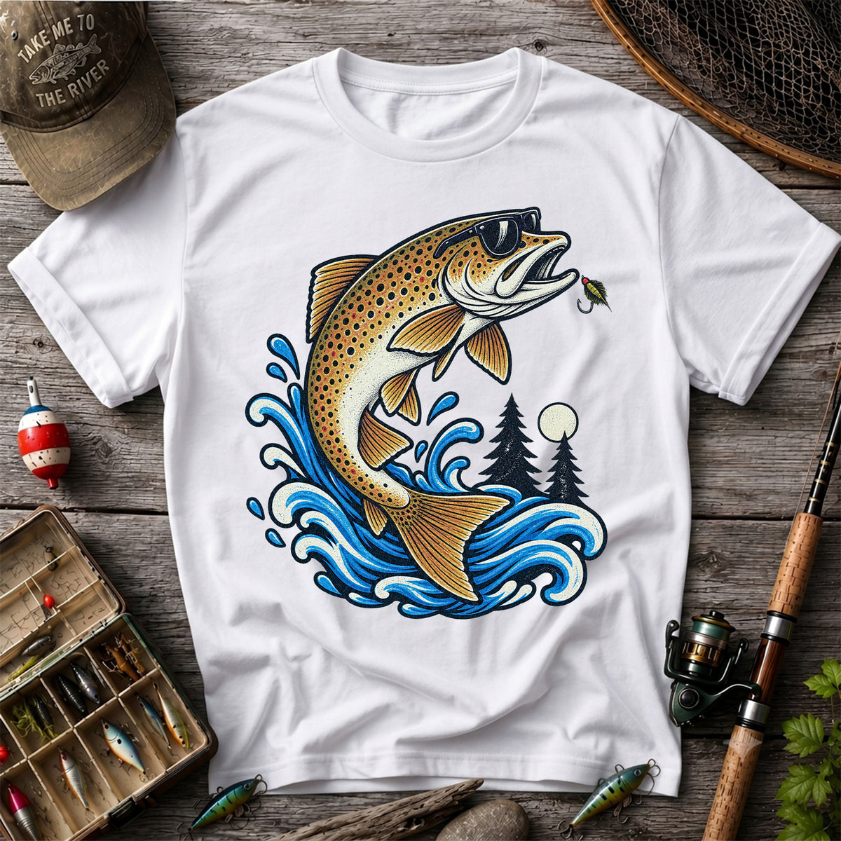 Brown Trout Sunglasses Fishing Graphic T-Shirt with Lure