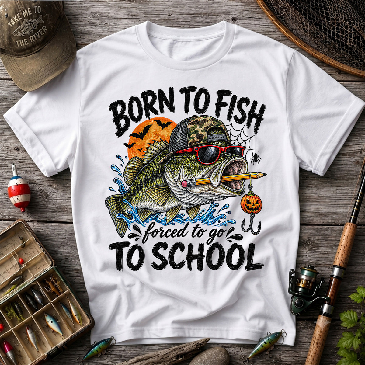 Born to Fish Forced to Go to School Halloween Bass Fishing T-Shirt
