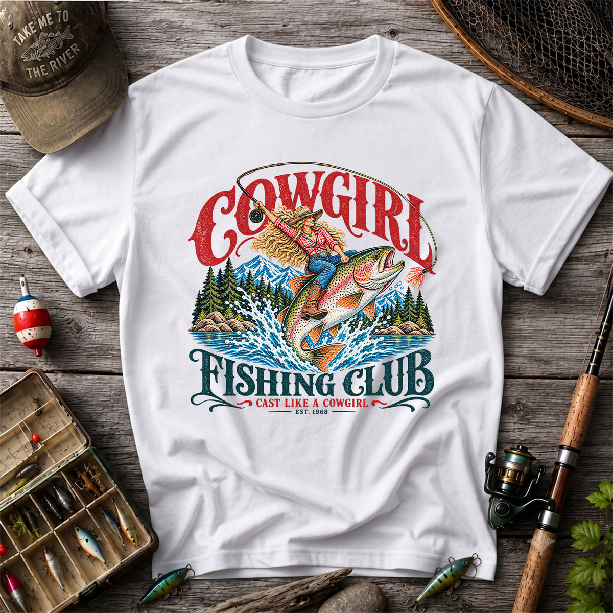 Cowgirl Riding Trout Fishing Club Graphic T-Shirt