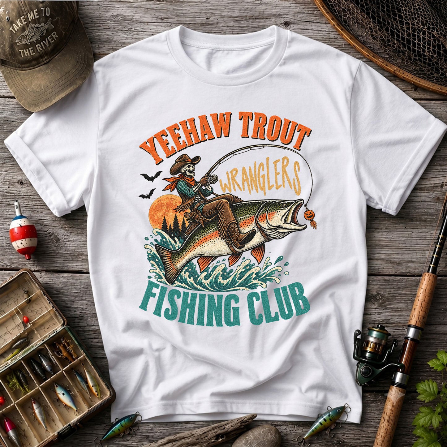 Yeehaw Trout Wranglers Fishing Club Cowboy Skeleton T-Shirt
