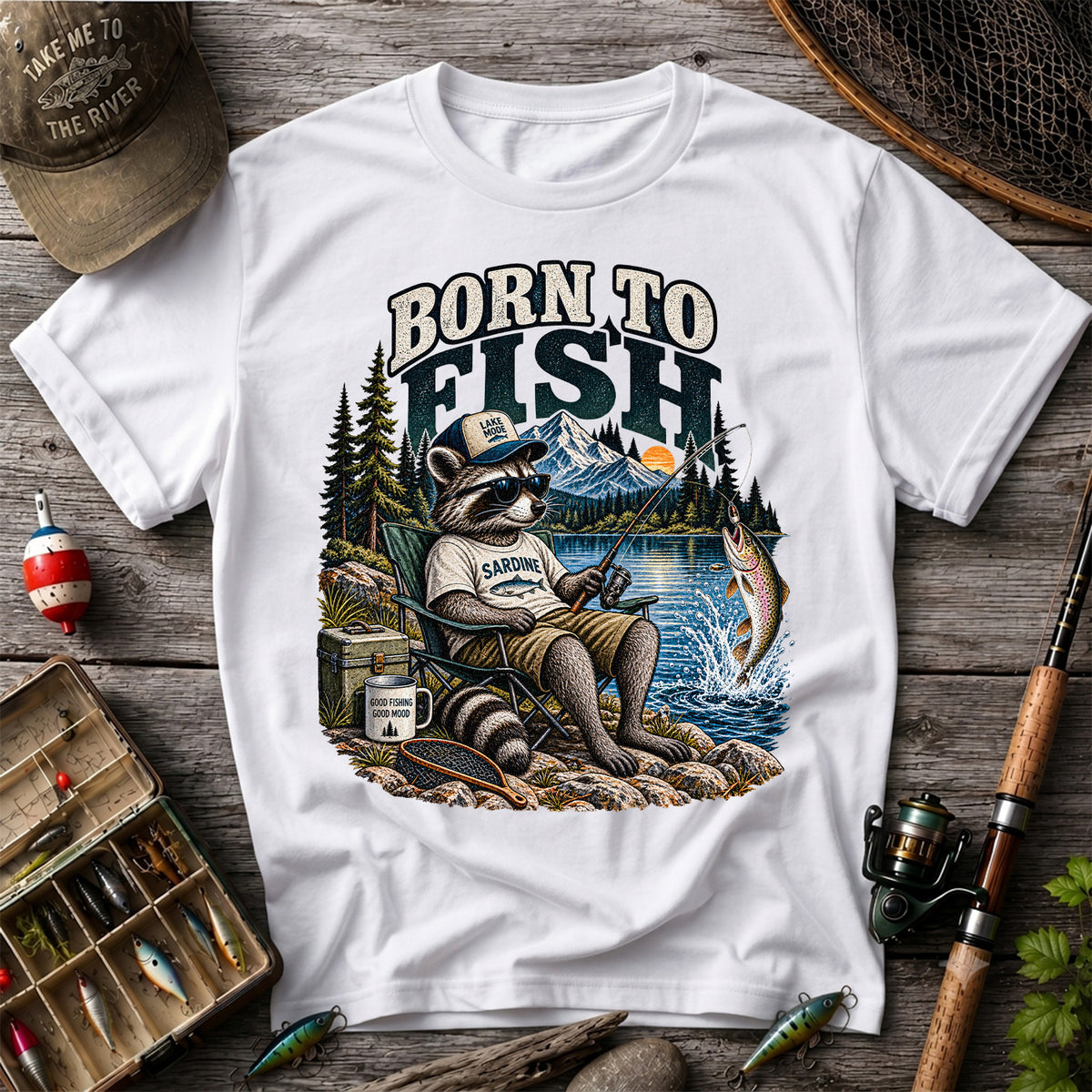 Born to Fish Raccoon in Sunglasses Lake Fishing T-Shirt