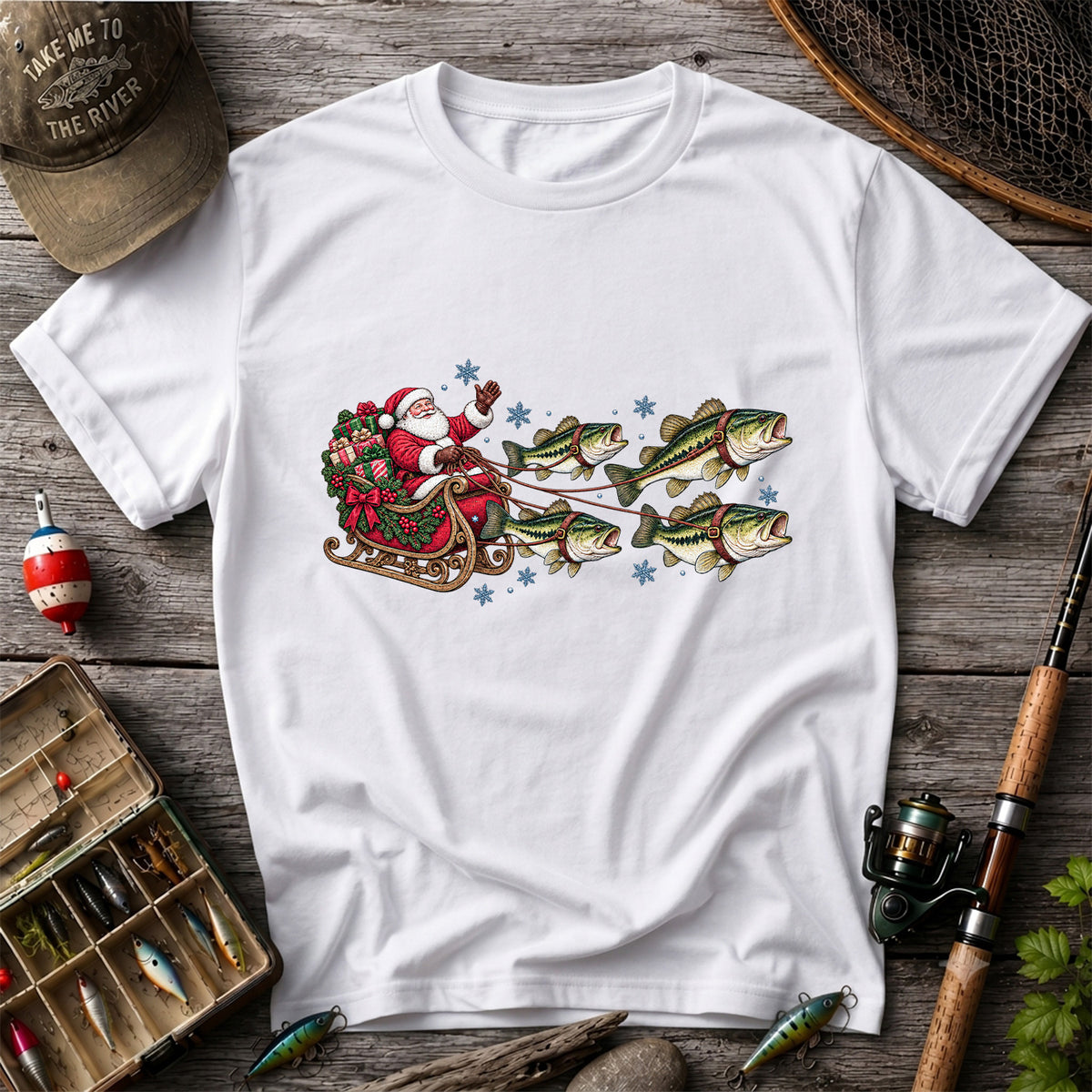 Santa in a Sleigh Pulled by Bass Christmas Fishing Graphic T-Shirt
