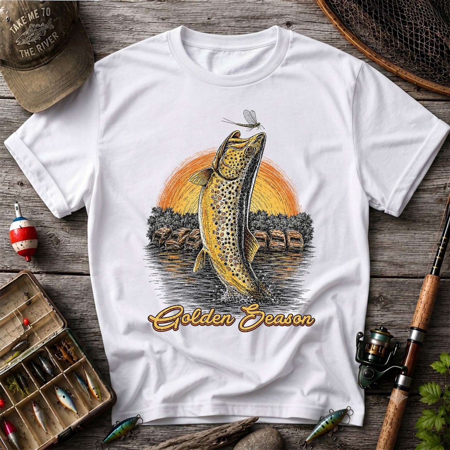 Golden Season Jumping Trout Sunset Fishing Graphic T-Shirt