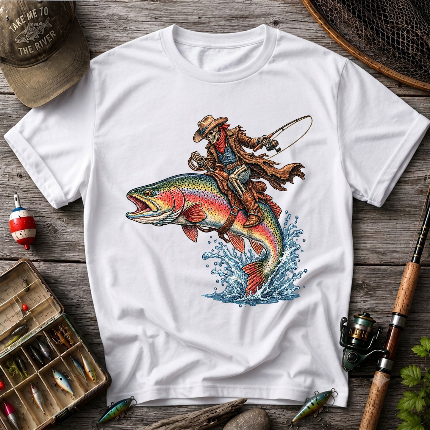 Skeleton Cowboy Riding a Rainbow Trout Fishing Graphic T-Shirt