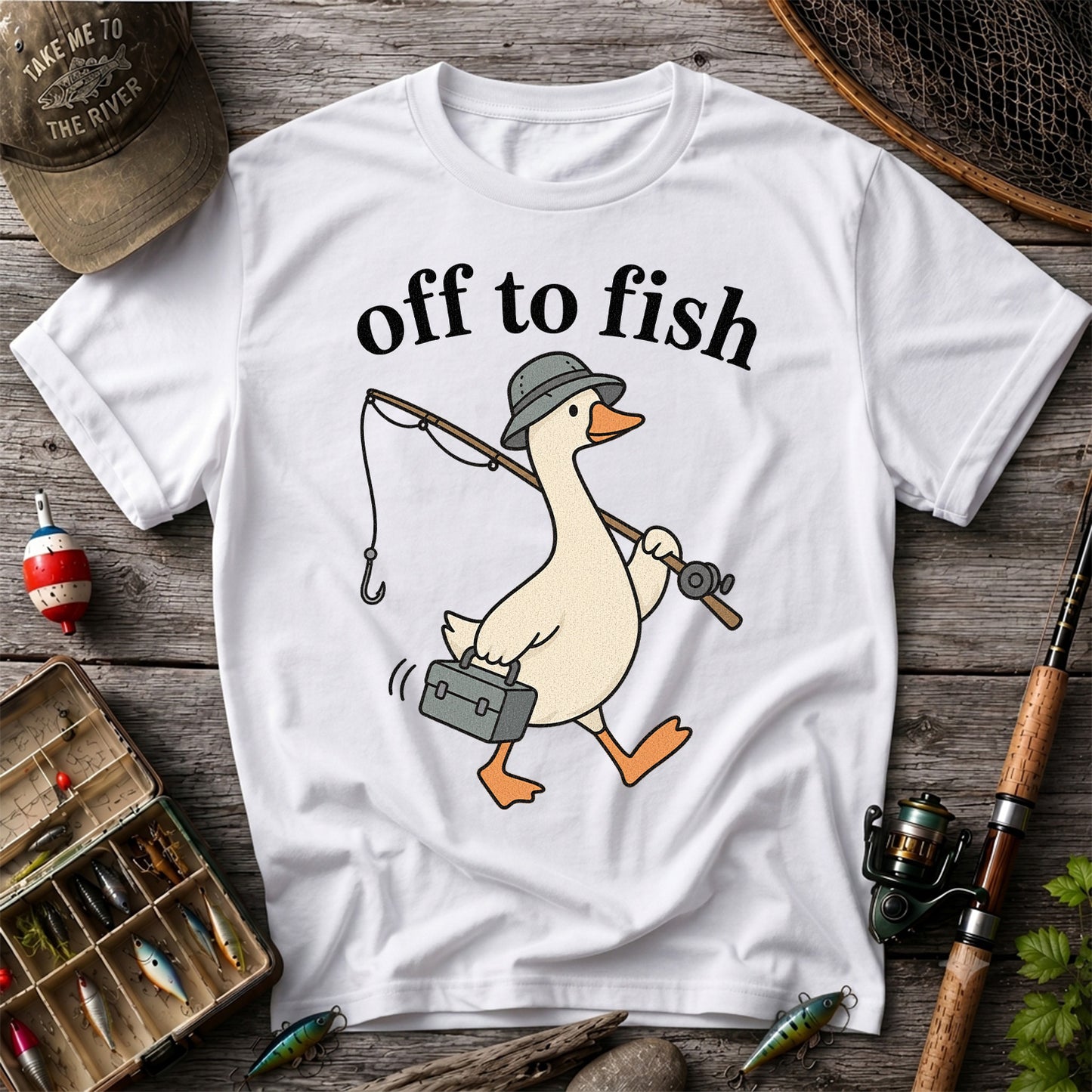 Off to Fish Funny Fishing Goose Graphic T-Shirt