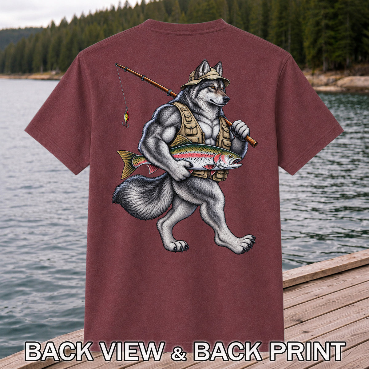 Wolf Angler Holding Rainbow Trout Fishing Graphic T-Shirt | Back Print