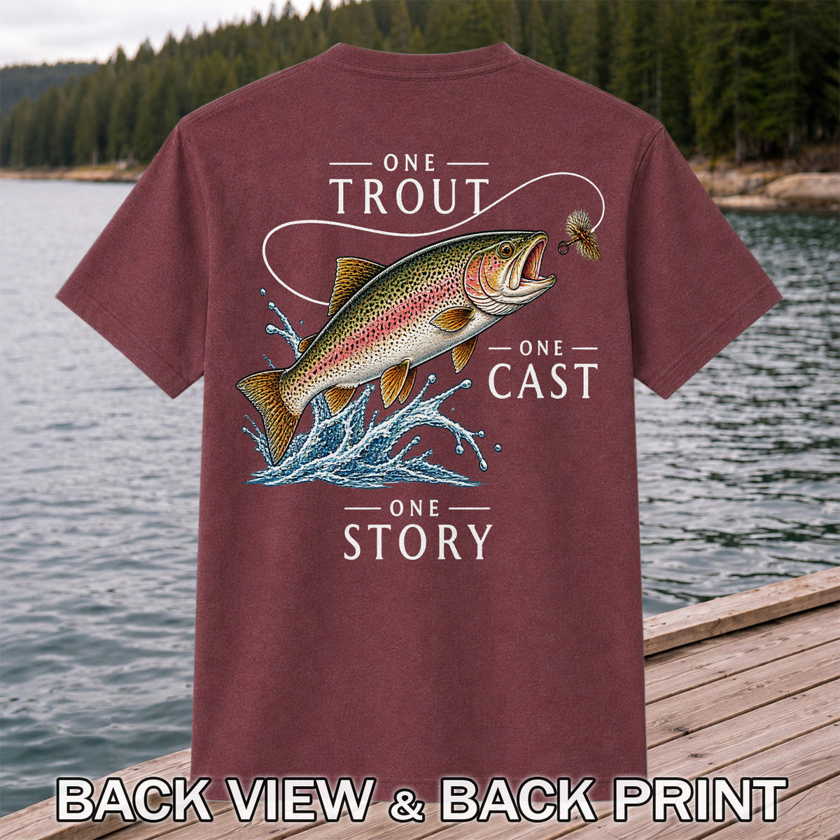 One Trout One Cast One Story Rainbow Trout Fly Fishing T-Shirt | Back Print