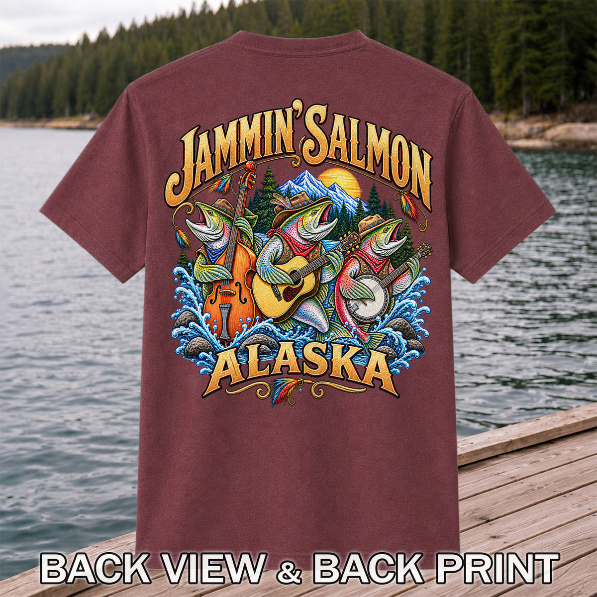 Salmon Music Band Alaska Fishing Graphic T-Shirt | Back Print