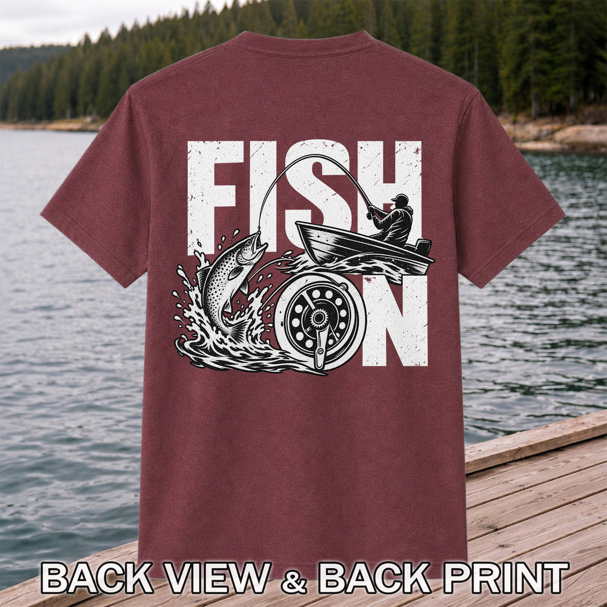 Fish On Jumping Trout and Fishing Boat Graphic T-Shirt | Back Print