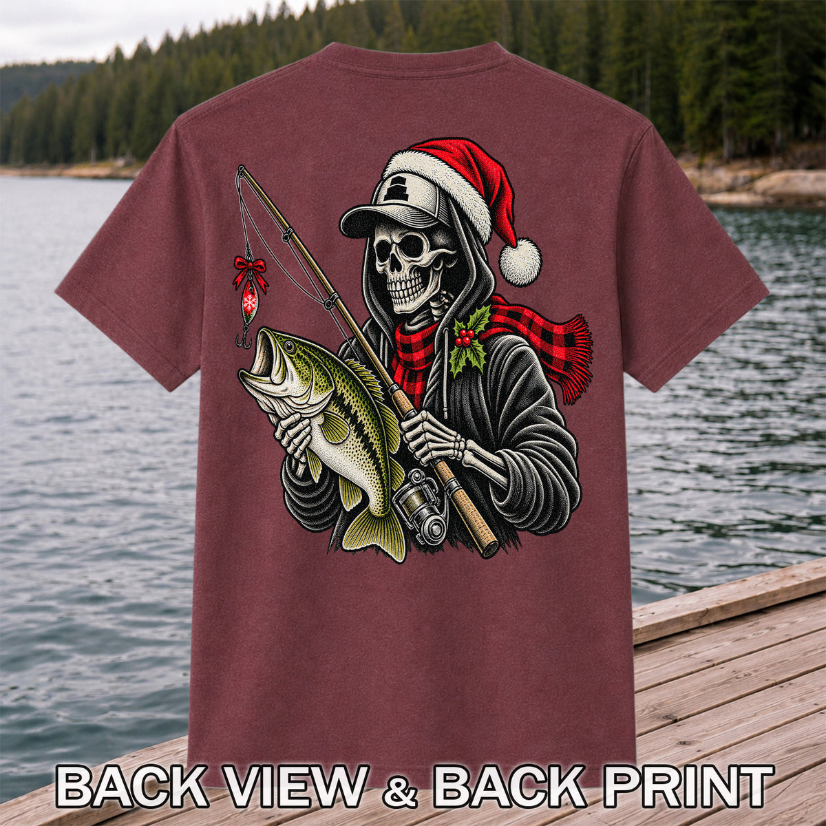 Christmas Skeleton Angler with Santa Hat and Bass Fishing T-Shirt | Back Print