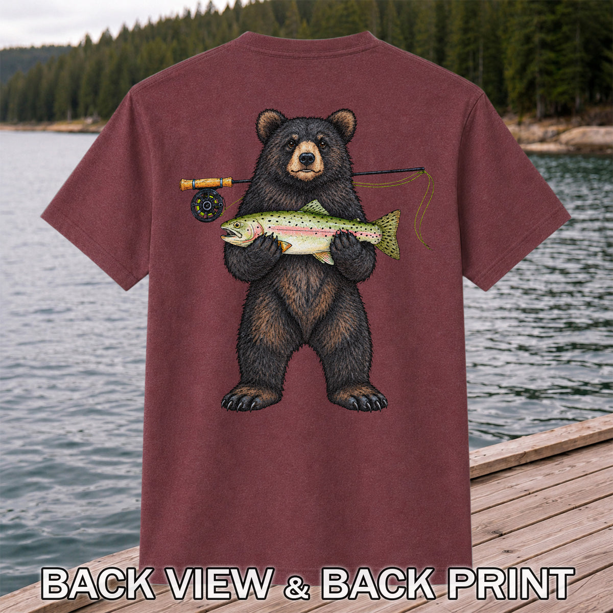 Black Bear Holding Rainbow Trout Fly Fishing Graphic T-Shirt | Back Print