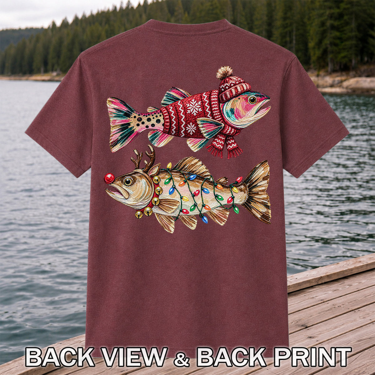 Festive Christmas Fish with Lights Fishing Graphic T-Shirt | Back Print