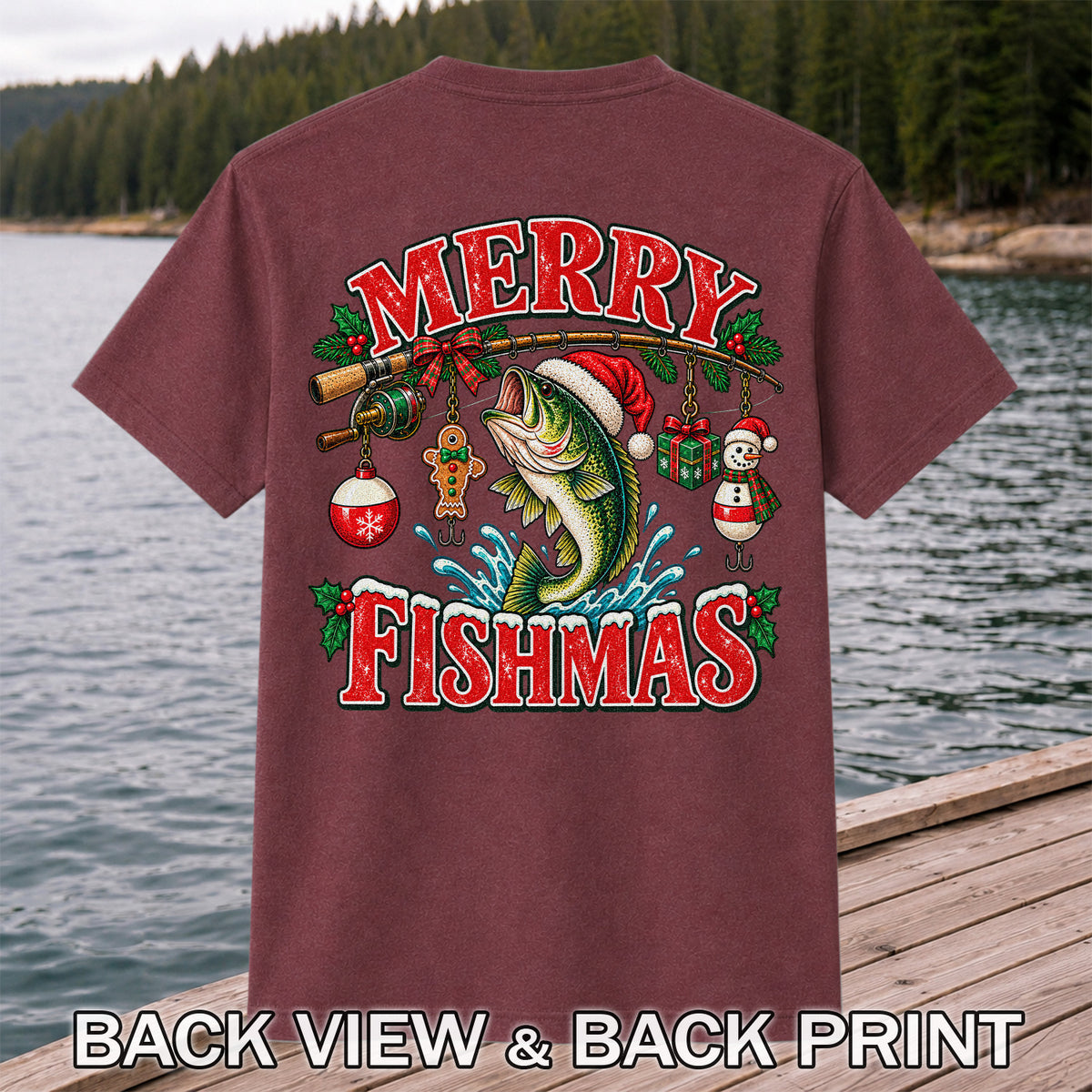 Merry Fishmas Santa Bass Christmas Fishing Graphic T-Shirt | Back Print