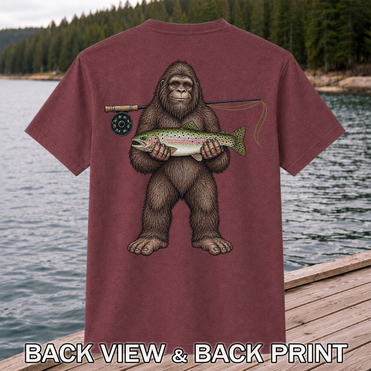 Bigfoot Holding Rainbow Trout Fly Fishing Graphic T-Shirt | Back Print