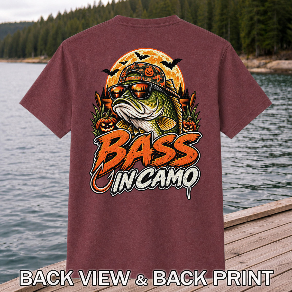 Bass in Camo Halloween Bass Fishing Graphic T-Shirt | Back Print