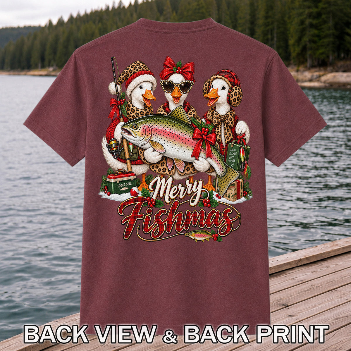 Merry Fishmas Christmas Ducks with Rainbow Trout Fishing T-Shirt | Back Print