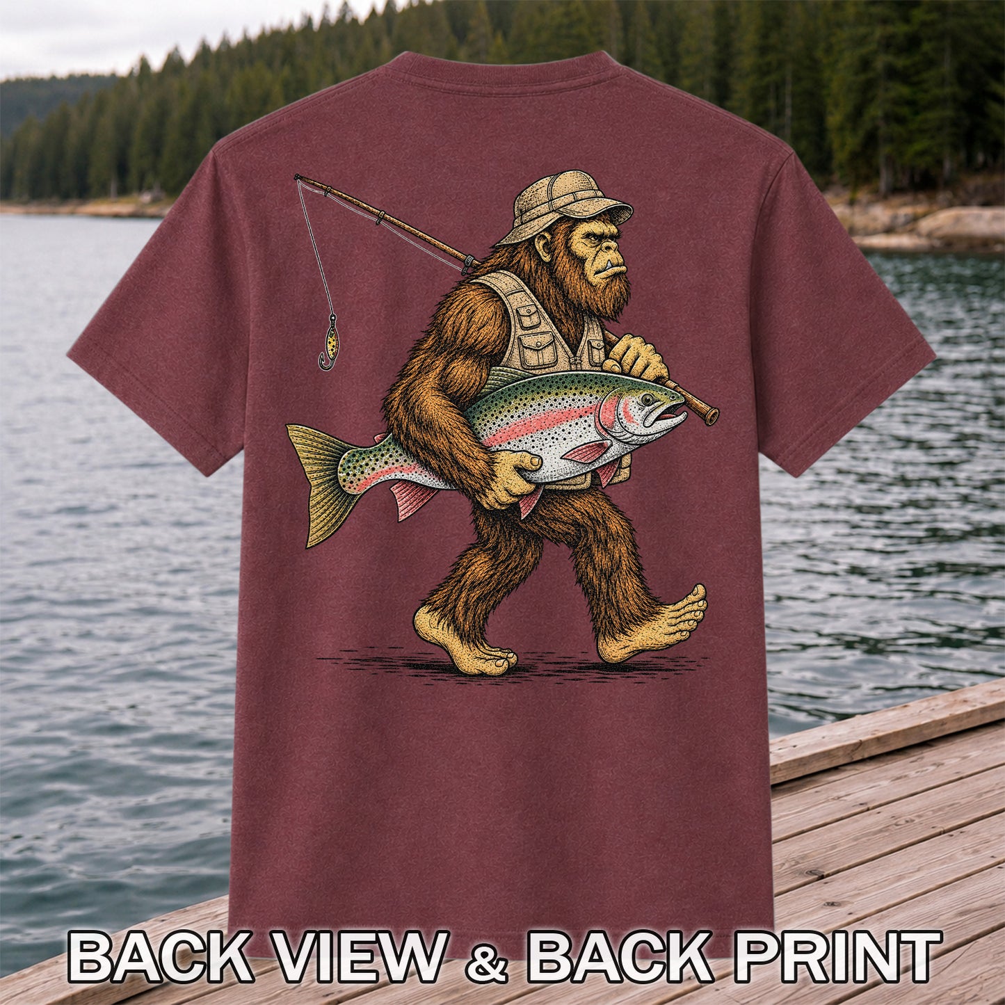 Bigfoot Carrying a Rainbow Trout and Fishing Rod Graphic T-Shirt | Back Print