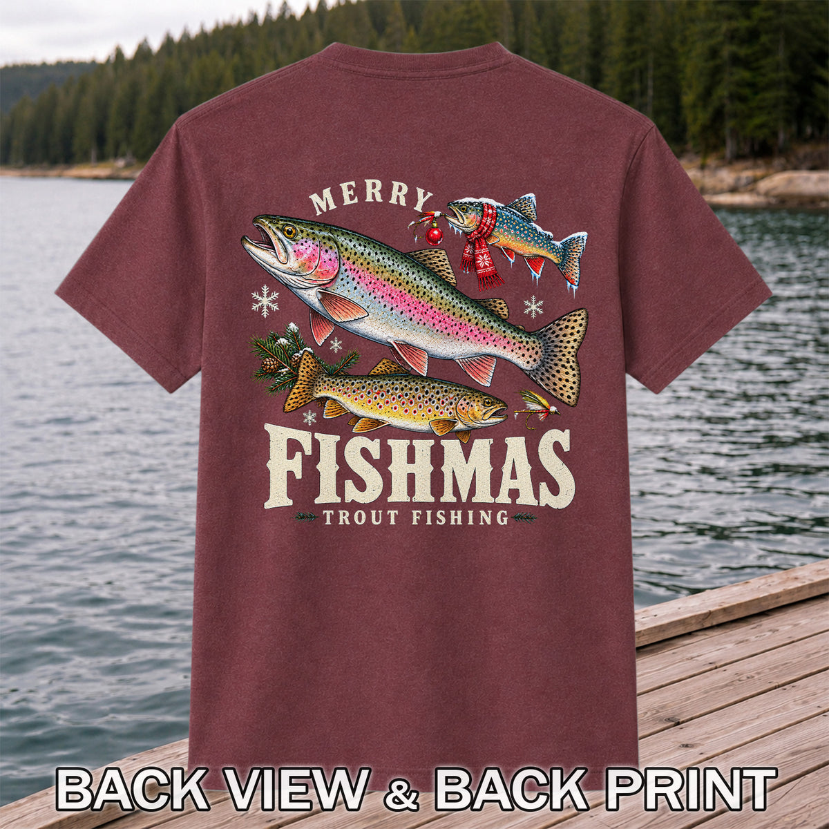Merry Fishmas Trout Fishing Christmas Graphic T-Shirt | Back Print