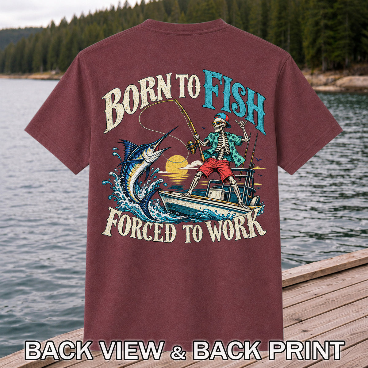 Skeleton Marlin Fishing Boat Graphic T-Shirt | Back Print