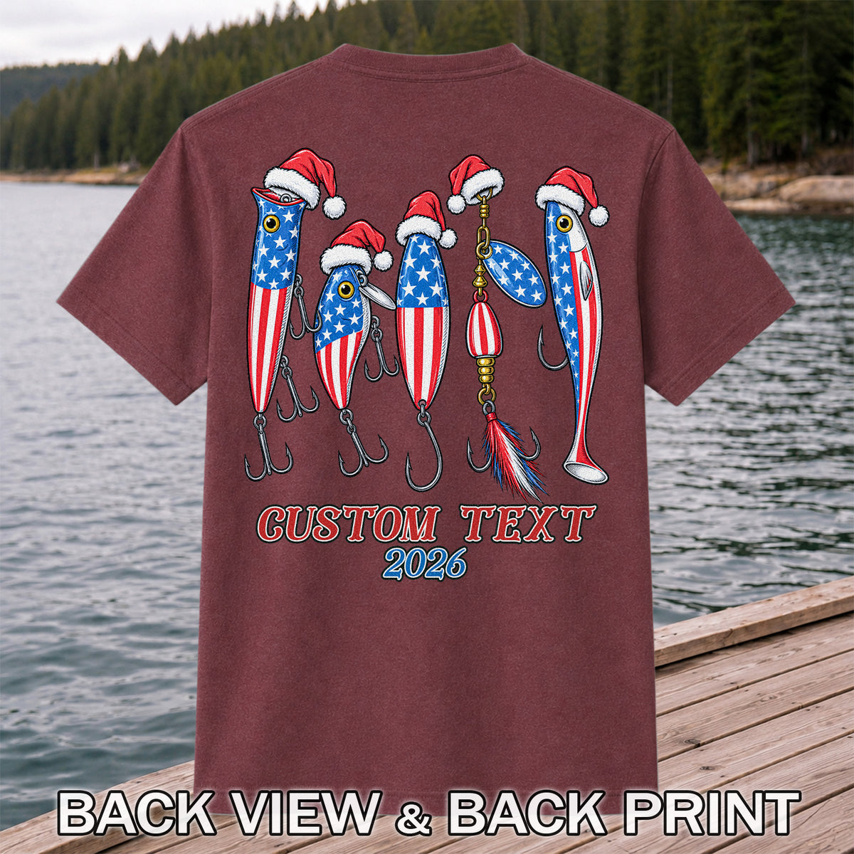 Personalized Patriotic Christmas Fishing Lures T-Shirt | Back Print