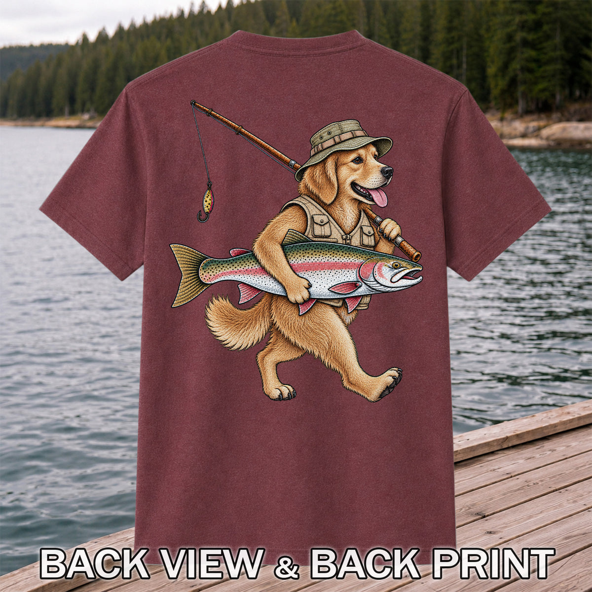 Golden Retriever Holding Rainbow Trout Fishing Graphic T-Shirt | Back Print