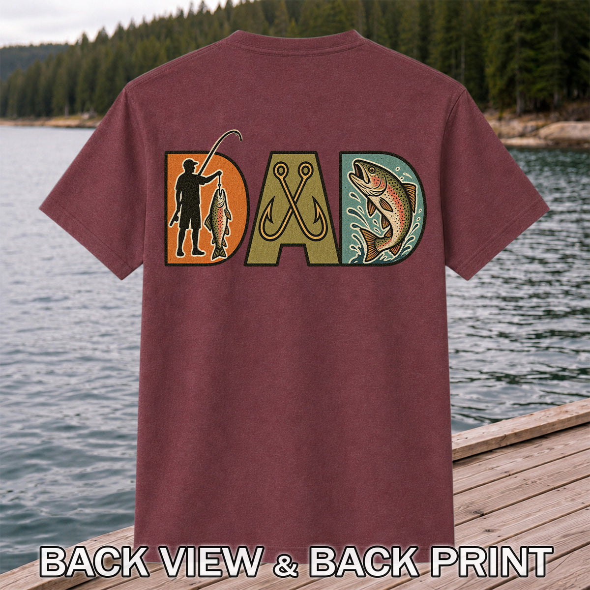 Dad Rainbow Trout and Fishing Hooks Retro Fishing T-Shirt | Back Print