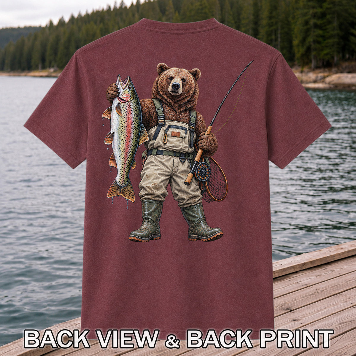 Bear Fishing with Rainbow Trout Outdoor Graphic T-Shirt | Back Print
