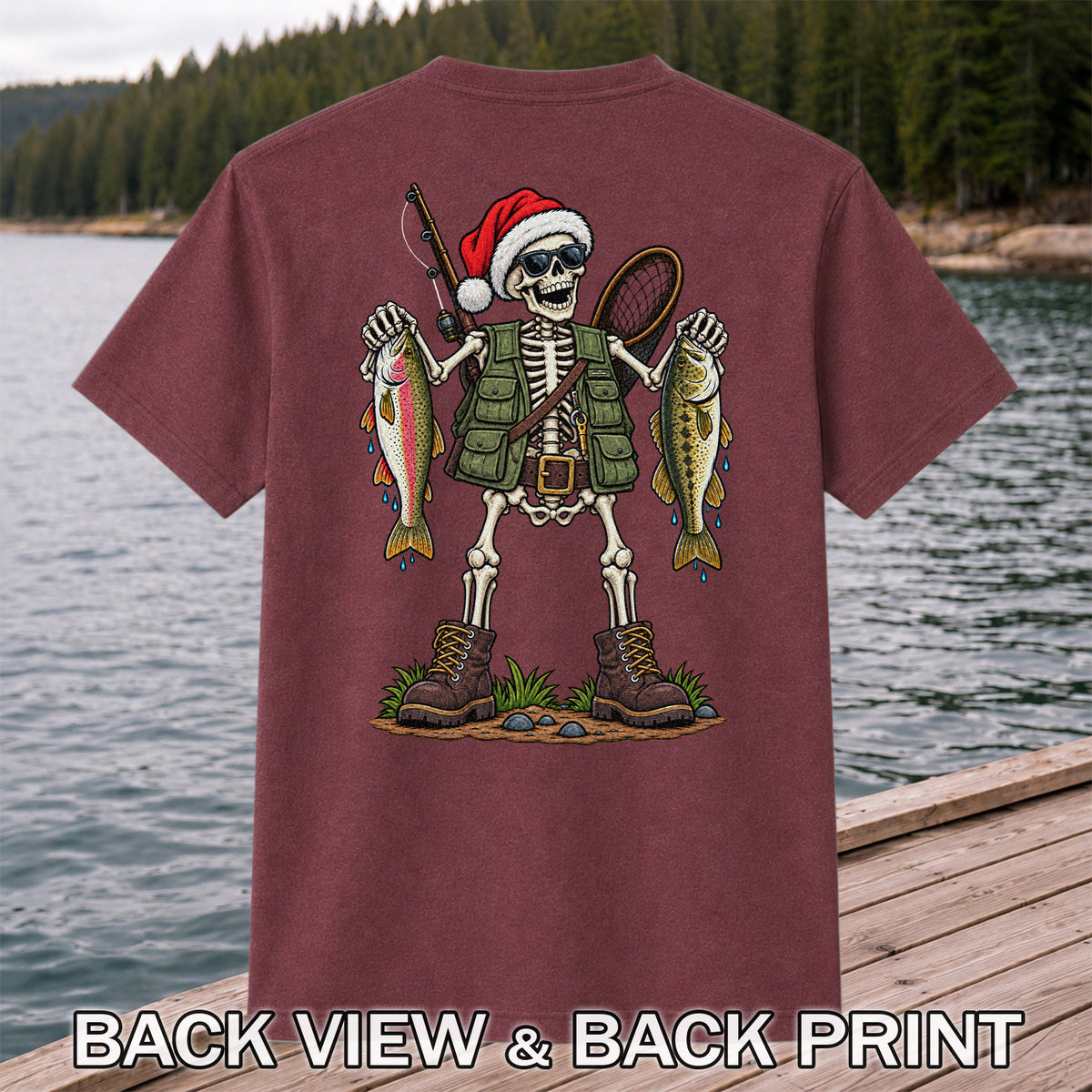 Santa Hat Skeleton Holding Trout and Bass Christmas Fishing T-Shirt | Back Print