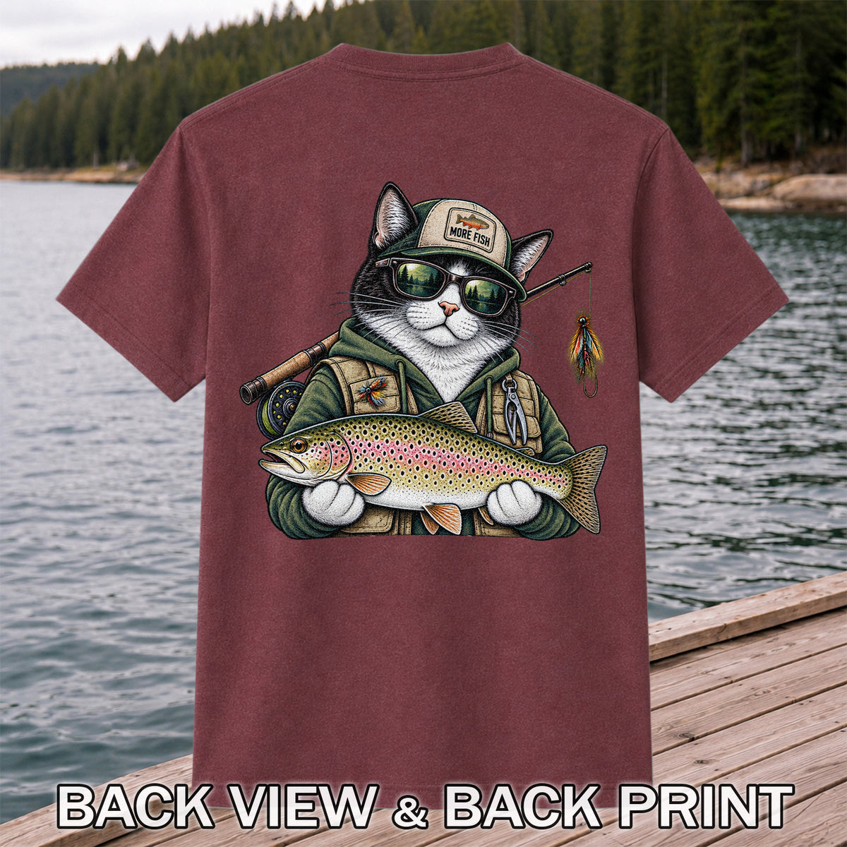 Cat Holding Rainbow Trout Fishing Graphic T-Shirt | Back Print