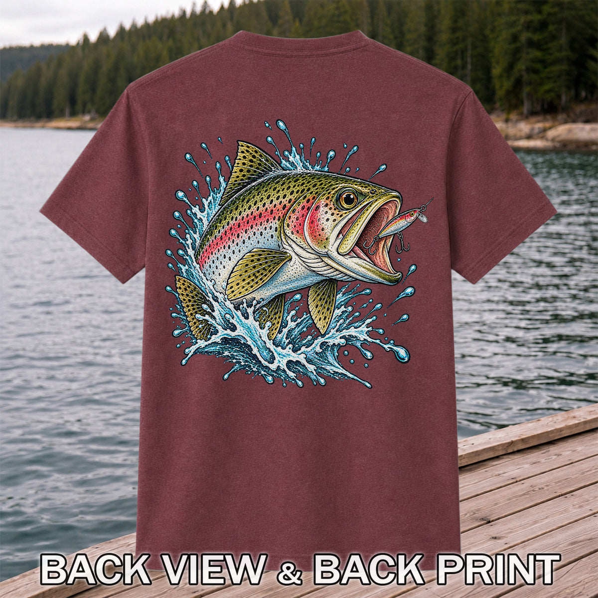 Rainbow Trout Striking a Fishing Lure Graphic T-Shirt | Back Print