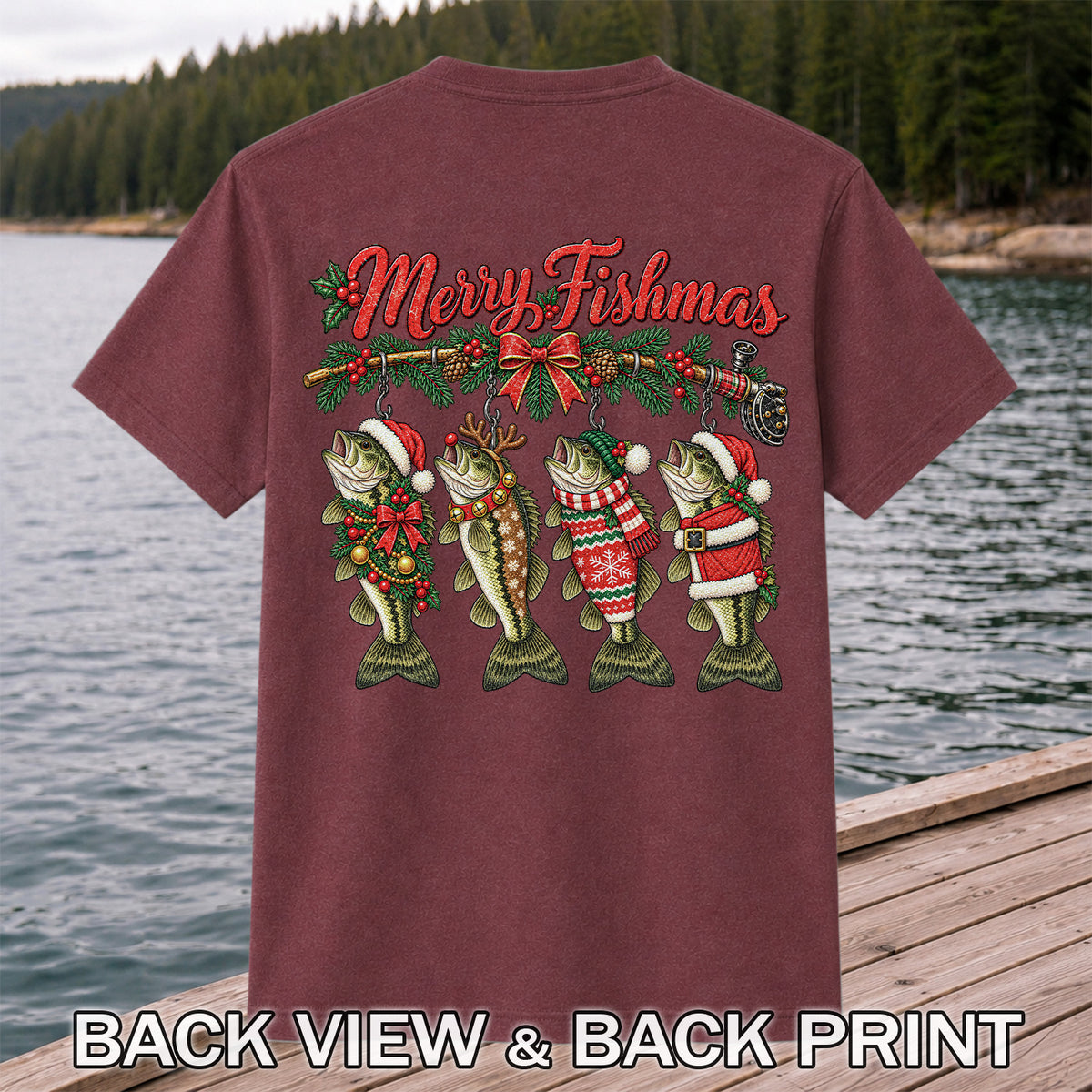 Merry Fishmas Christmas Bass Fishing Graphic T-Shirt | Back Print