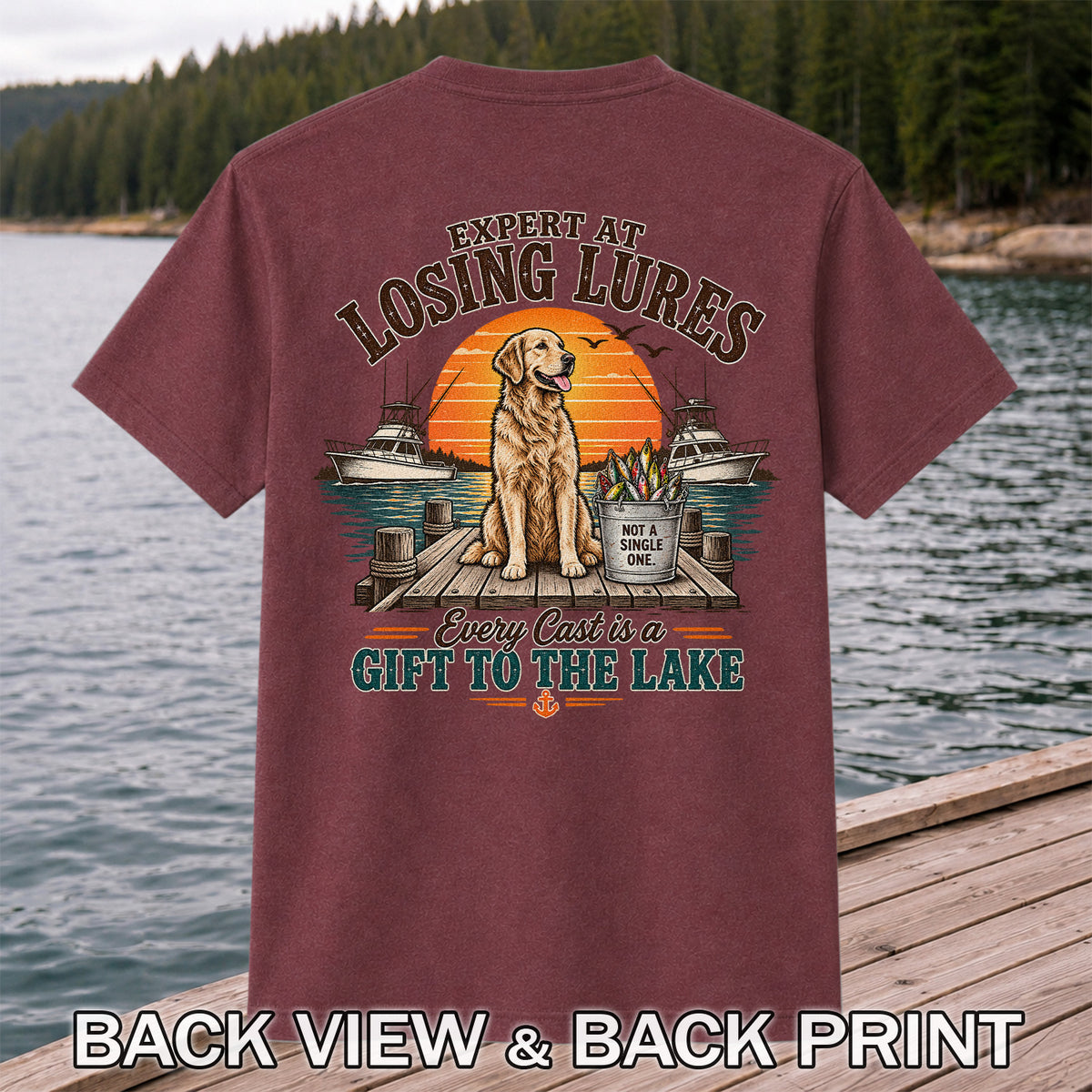 Expert at Losing Lures Golden Retriever Funny Fishing T-Shirt | Back Print