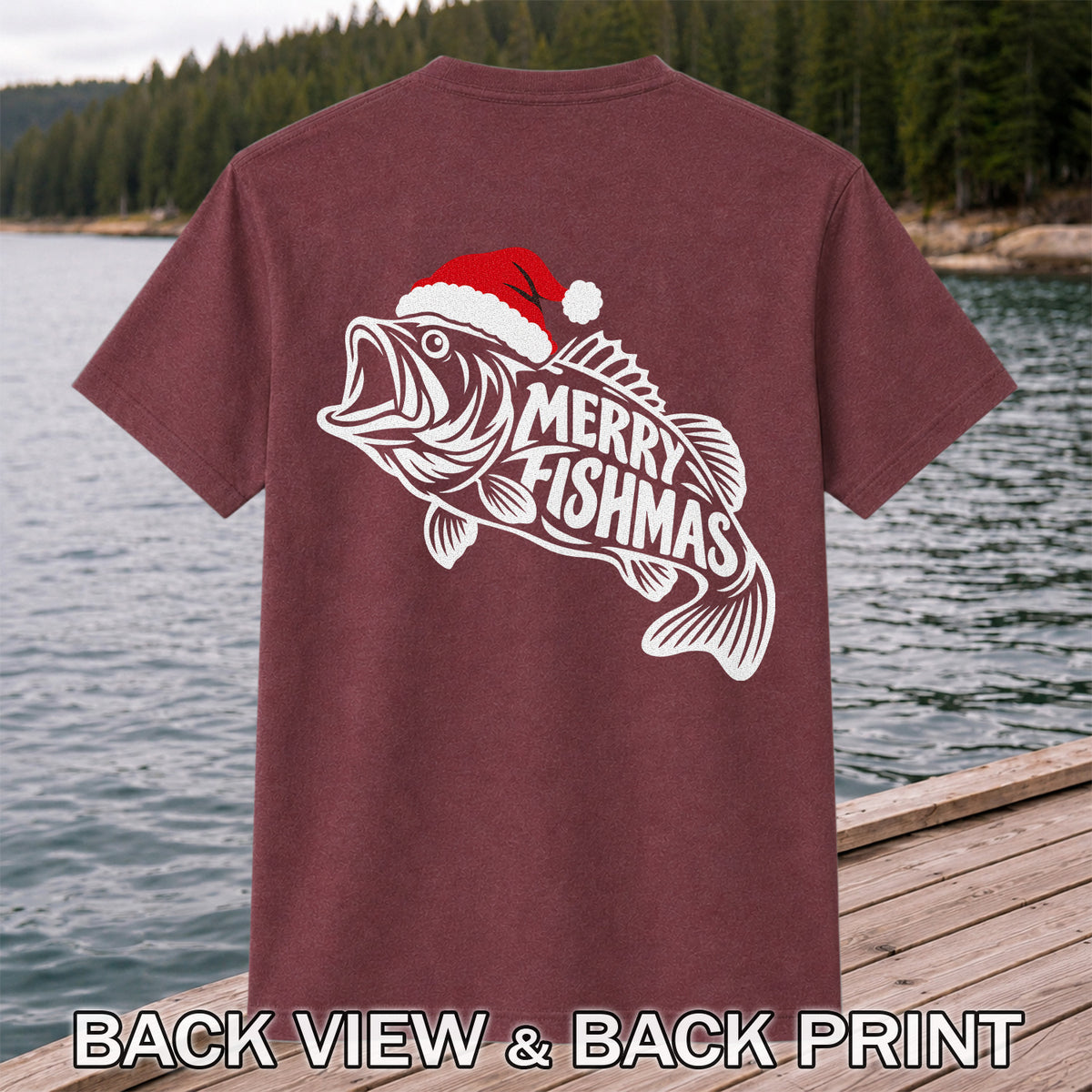 Santa Hat Fish Christmas Fishing Graphic T-Shirt | Back Print