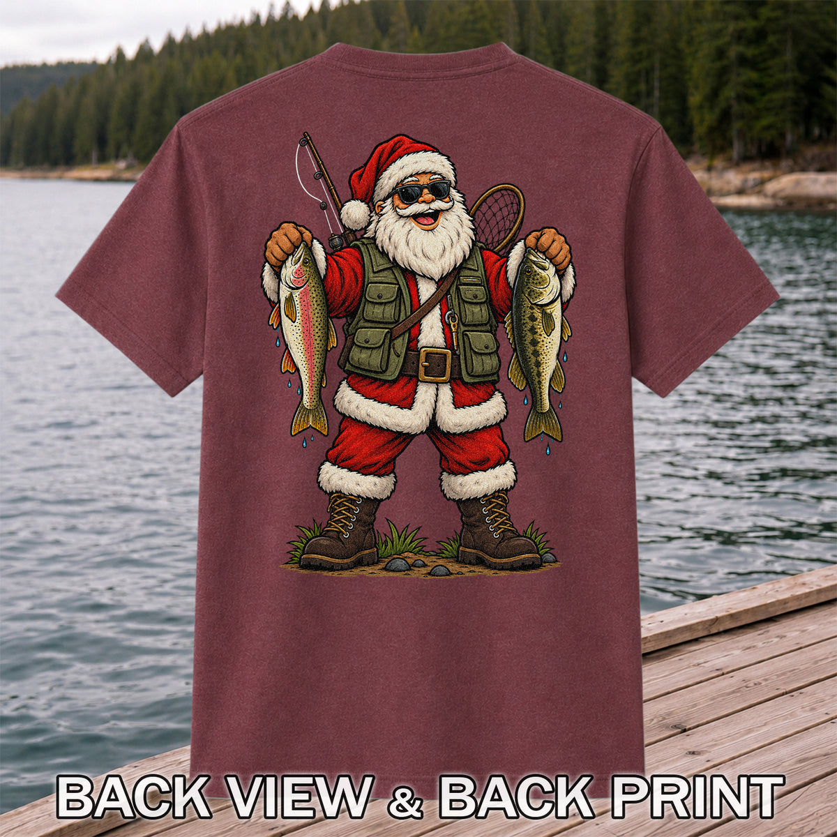 Santa Claus Holding Trout and Bass Christmas Fishing Graphic T-Shirt | Back Print