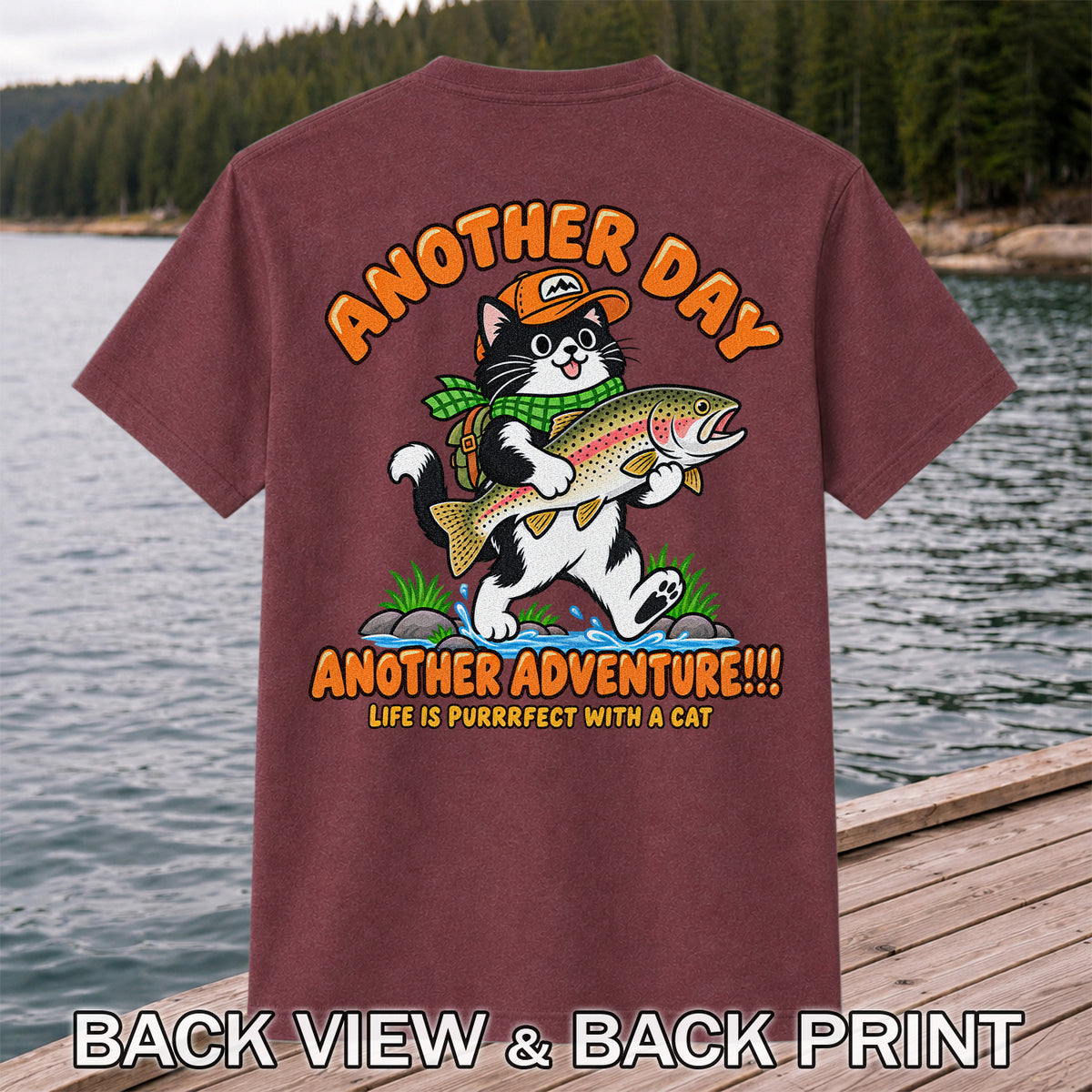Another Day Another Adventure Cat and Trout Fishing Graphic T-Shirt | Back Print