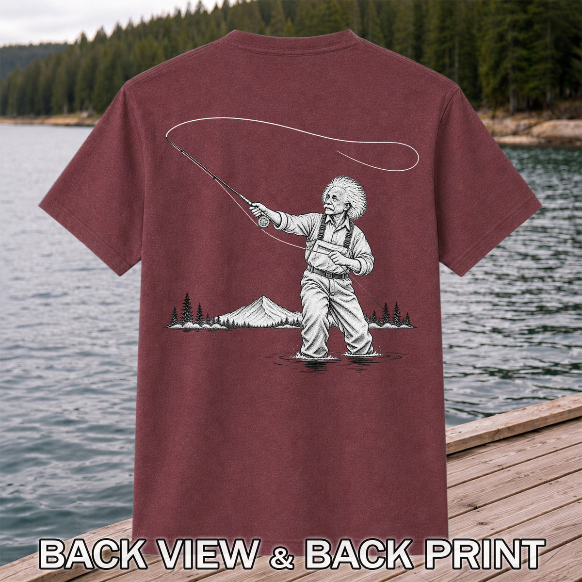 Vintage Fly Fisherman Mountain Lake Fishing Graphic T-Shirt | Back Print