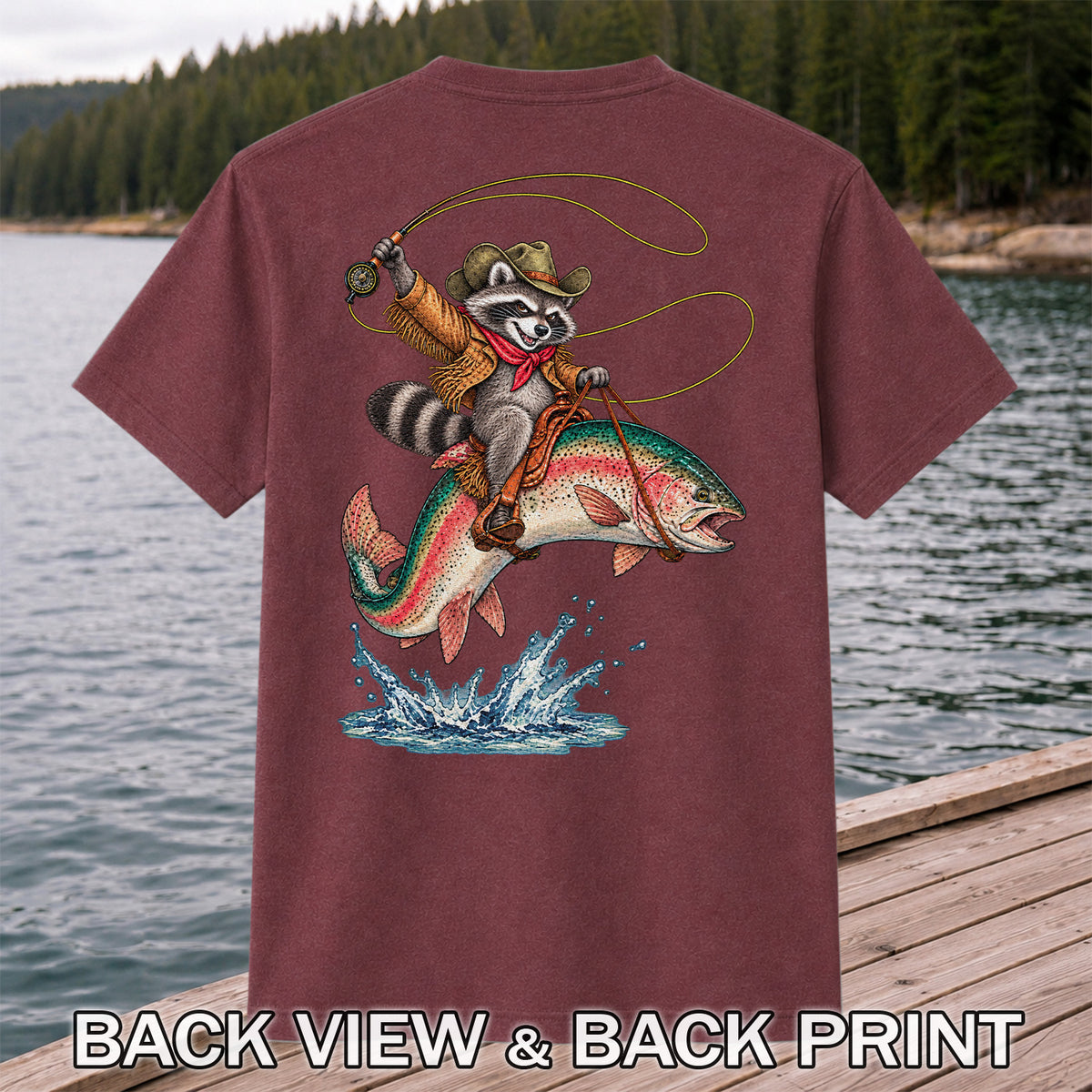 Cowboy Raccoon Riding a Rainbow Trout Fishing Graphic T-Shirt | Back Print