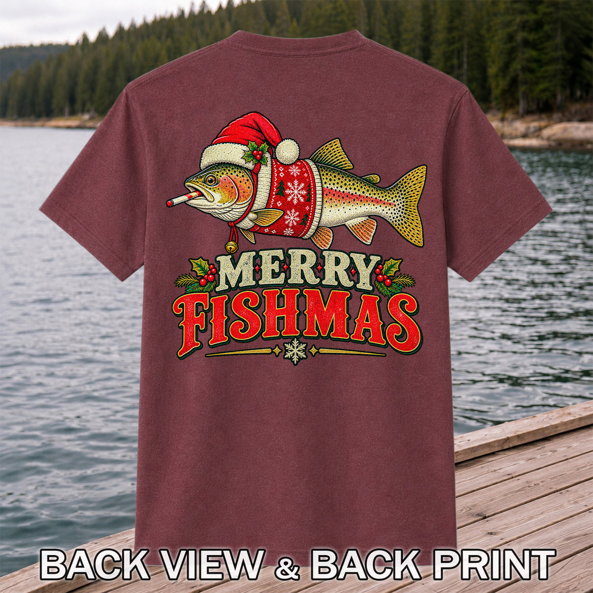 Christmas Trout Santa Fishing Graphic T-Shirt | Back Print