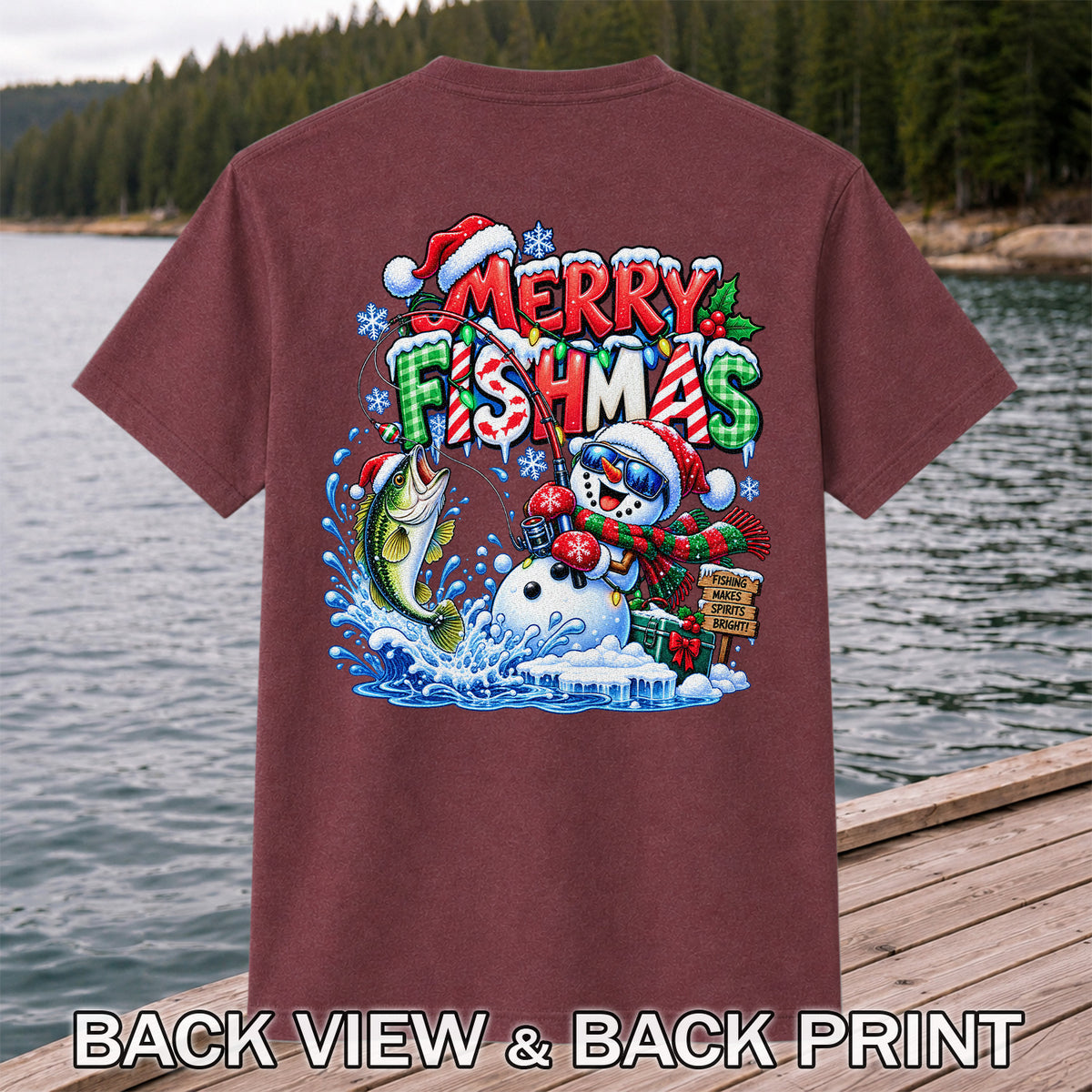 Merry Fishmas Christmas Fishing Graphic T-Shirt | Back Print