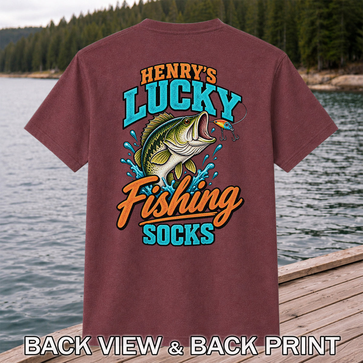 Henry's Lucky Fishing Socks Jumping Bass Graphic T-Shirt | Back Print