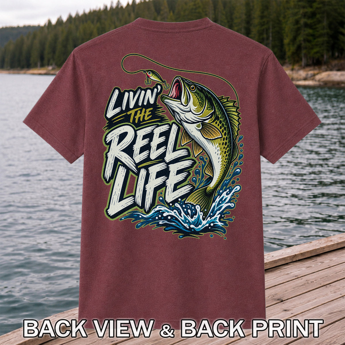 Livin' the Reel Life Jumping Bass Fishing Graphic T-Shirt | Back Print