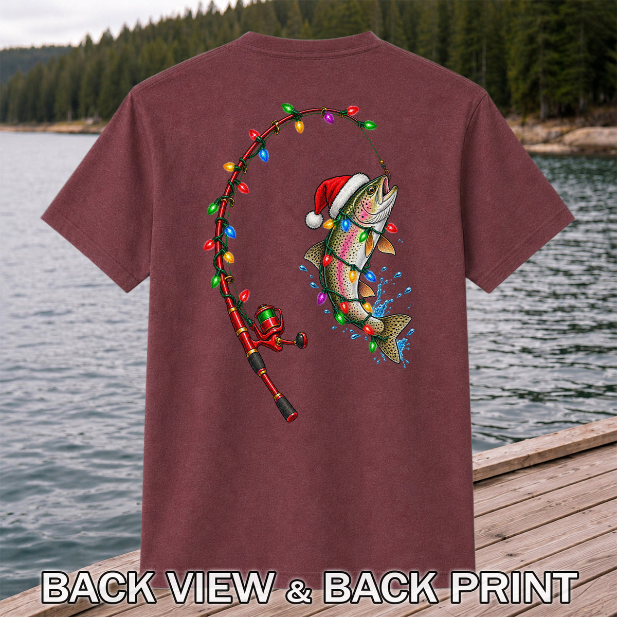 Christmas Rainbow Trout with Santa Hat and Lights Fishing T-Shirt | Back Print