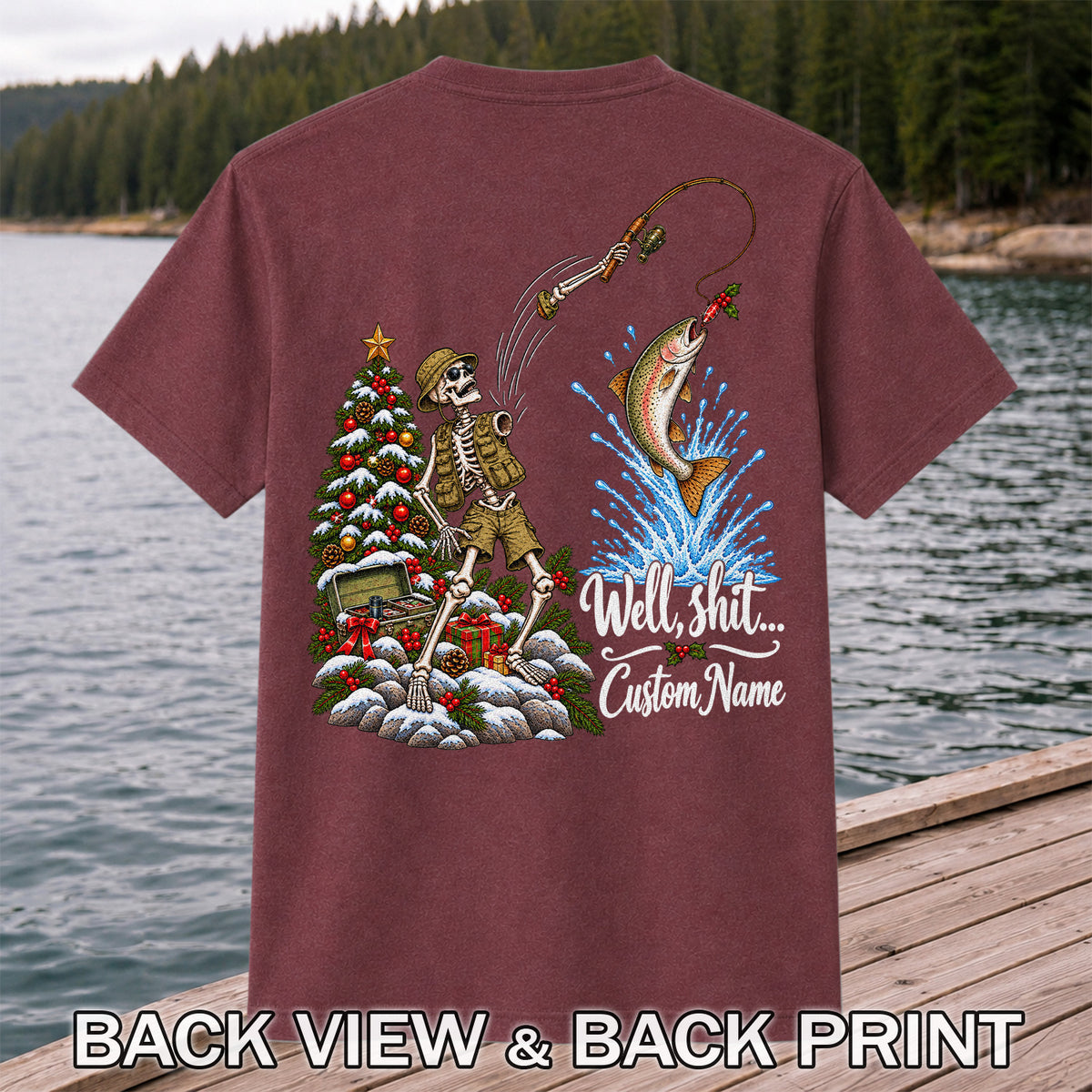 Skeleton Angler Christmas Fishing Personalized Graphic T-Shirt | Back Print