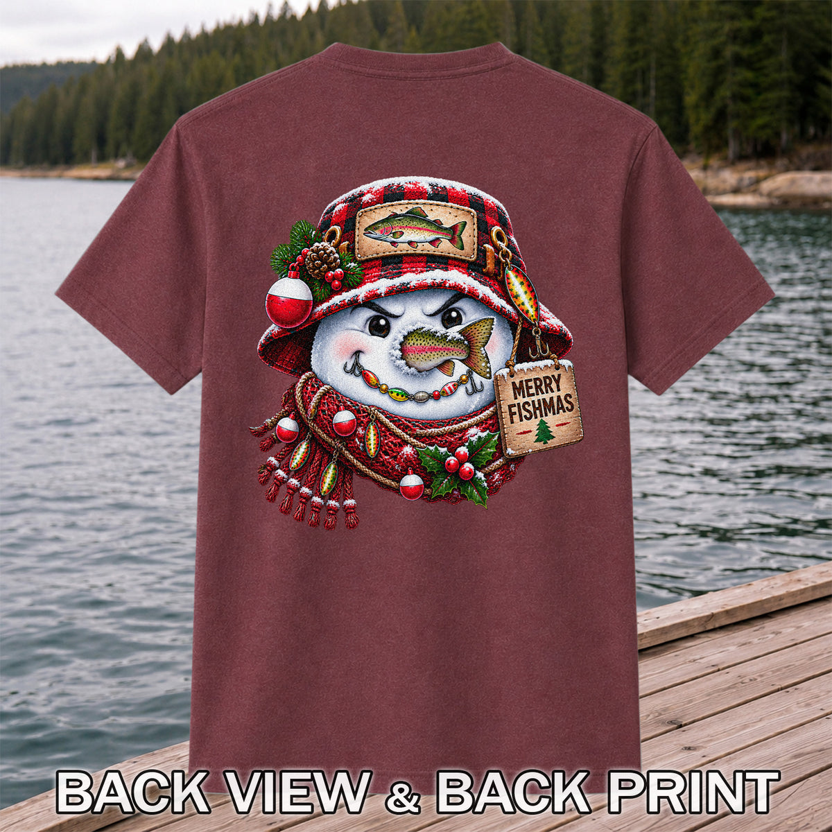 Merry Fishmas Snowman with Rainbow Trout Christmas Fishing T-Shirt | Back Print