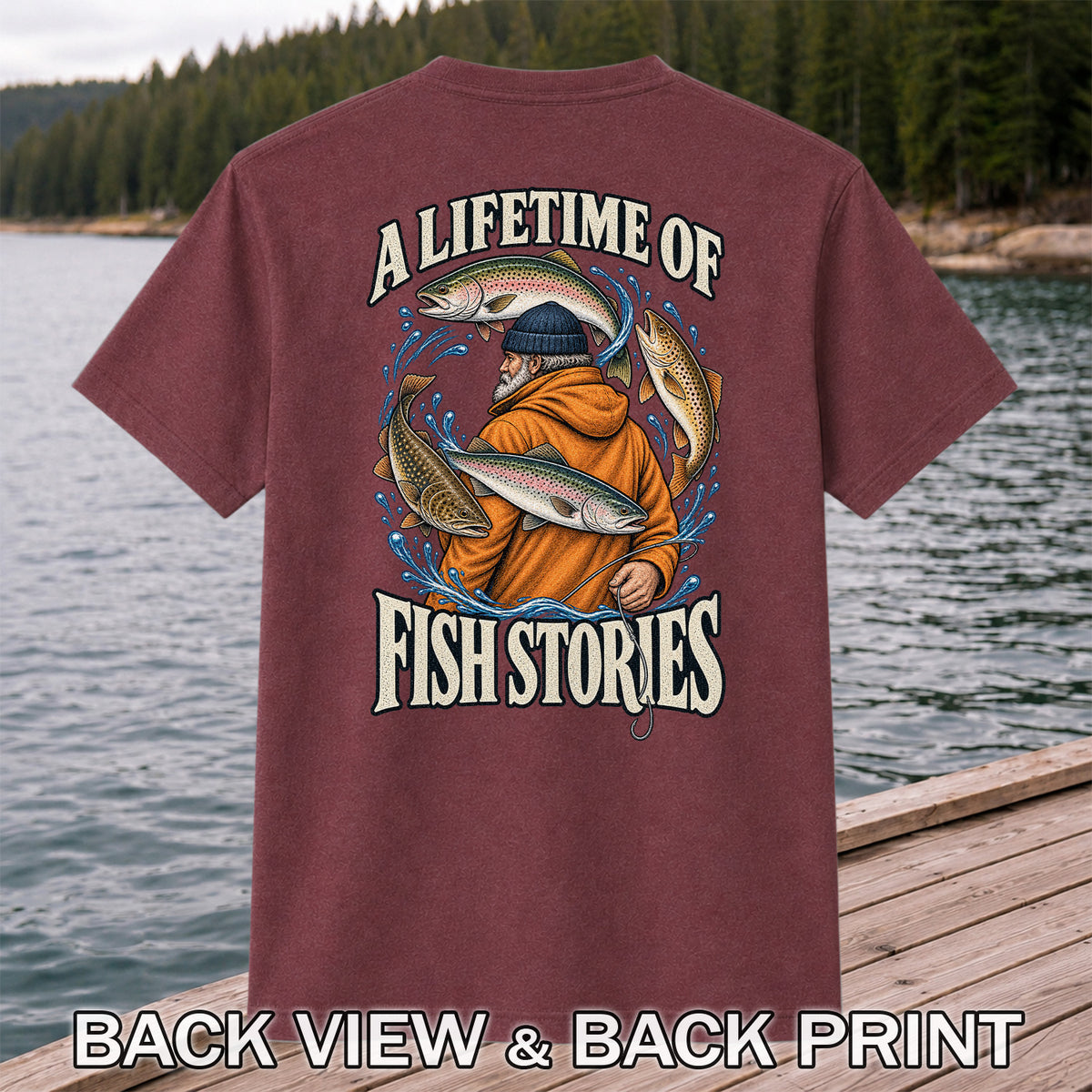 A Lifetime of Fish Stories Angler and Trout Fishing Graphic T-Shirt | Back Print