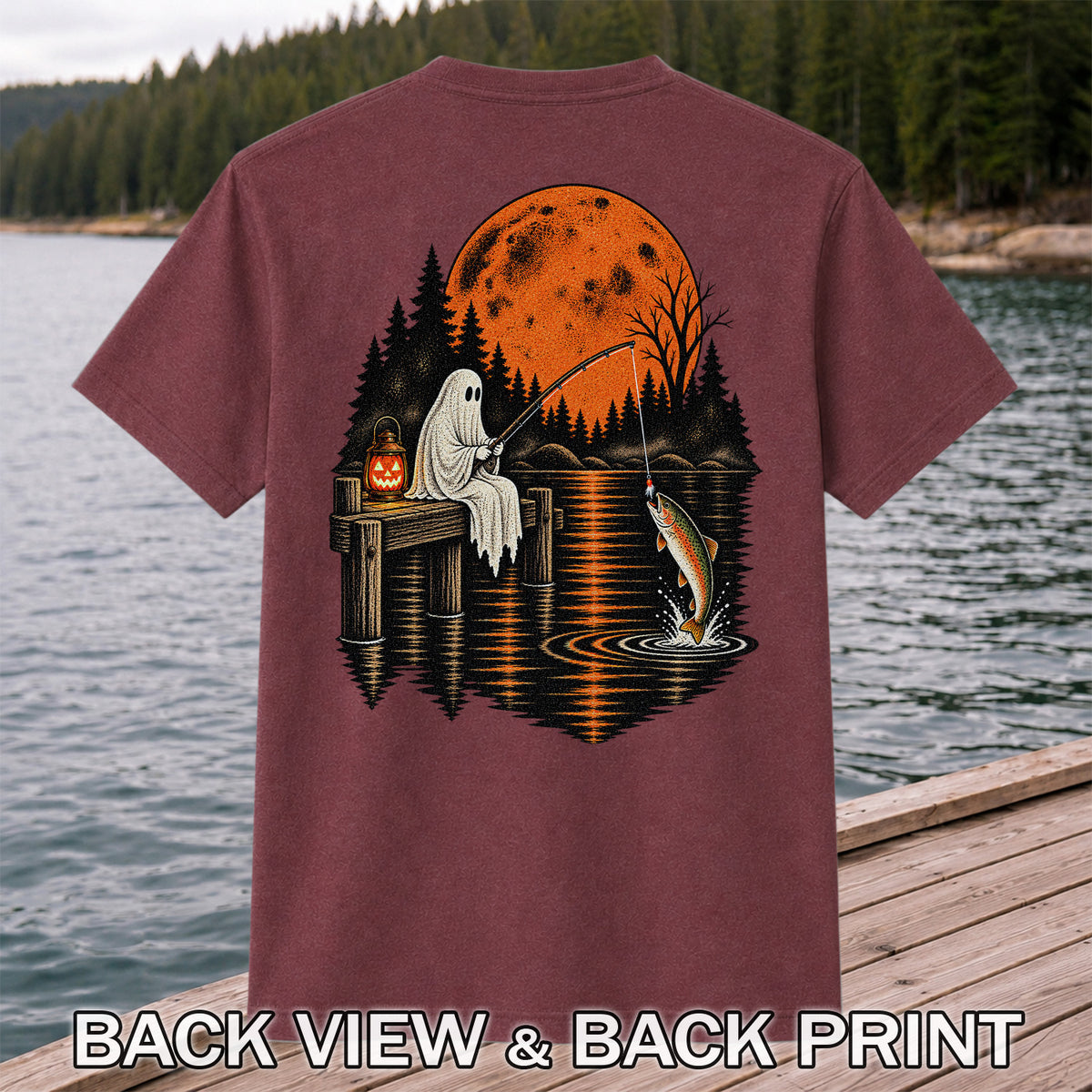 Ghost Fishing for Rainbow Trout Under an Orange Moon Halloween T-Shirt | Back Print