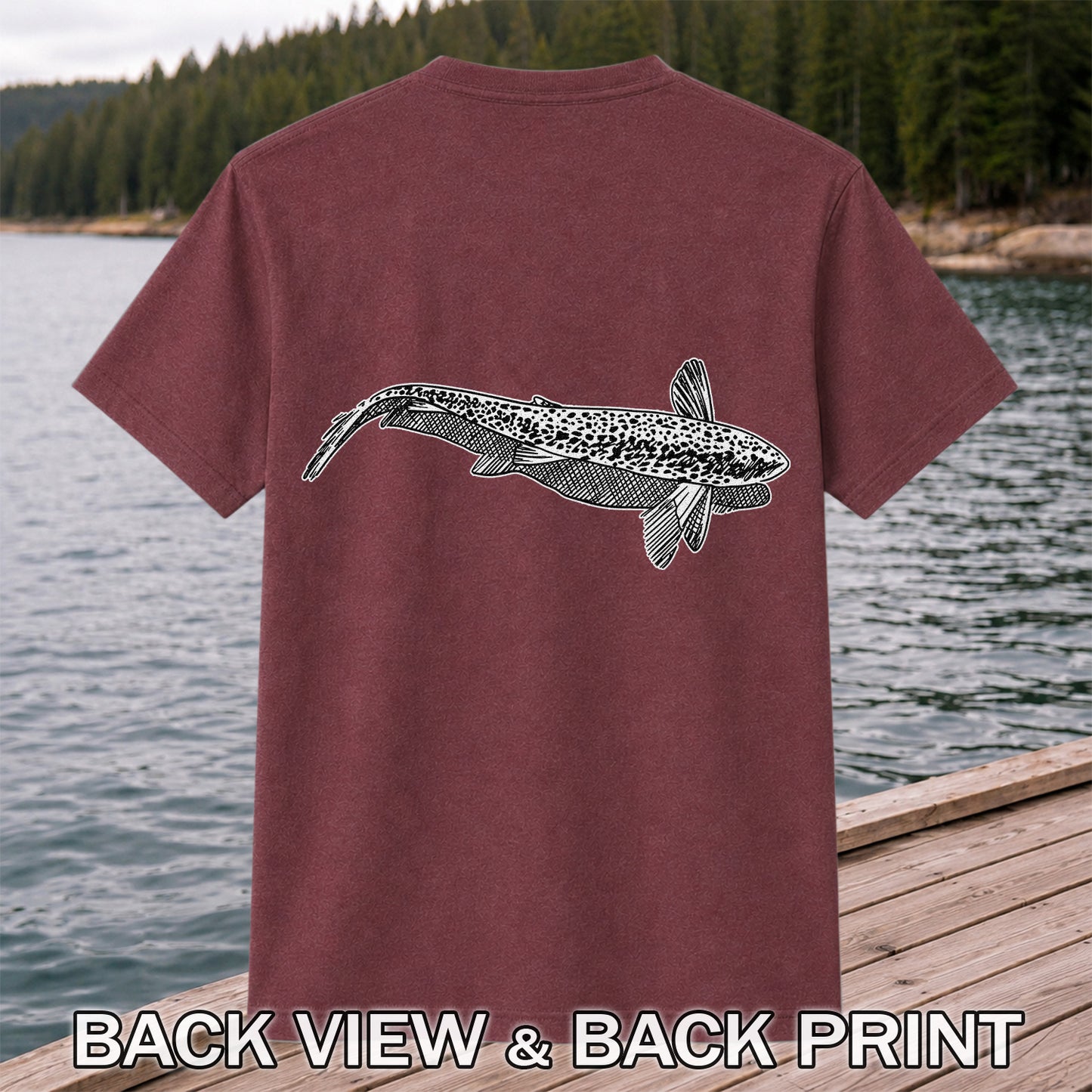Black and White Trout Line Art Fishing Graphic T-Shirt | Back Print