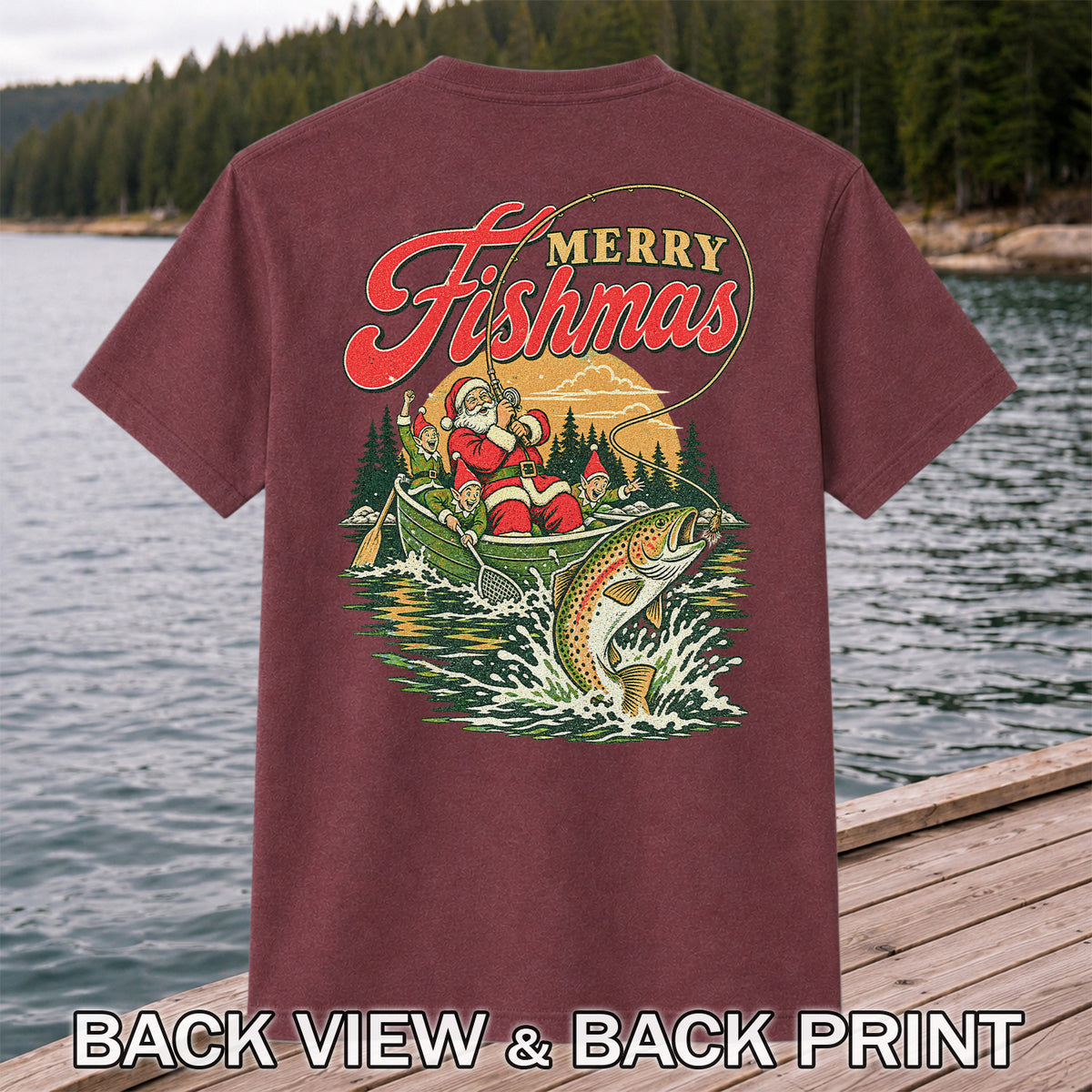 Merry Fishmas Santa and Elves Trout Fishing Christmas T-Shirt | Back Print
