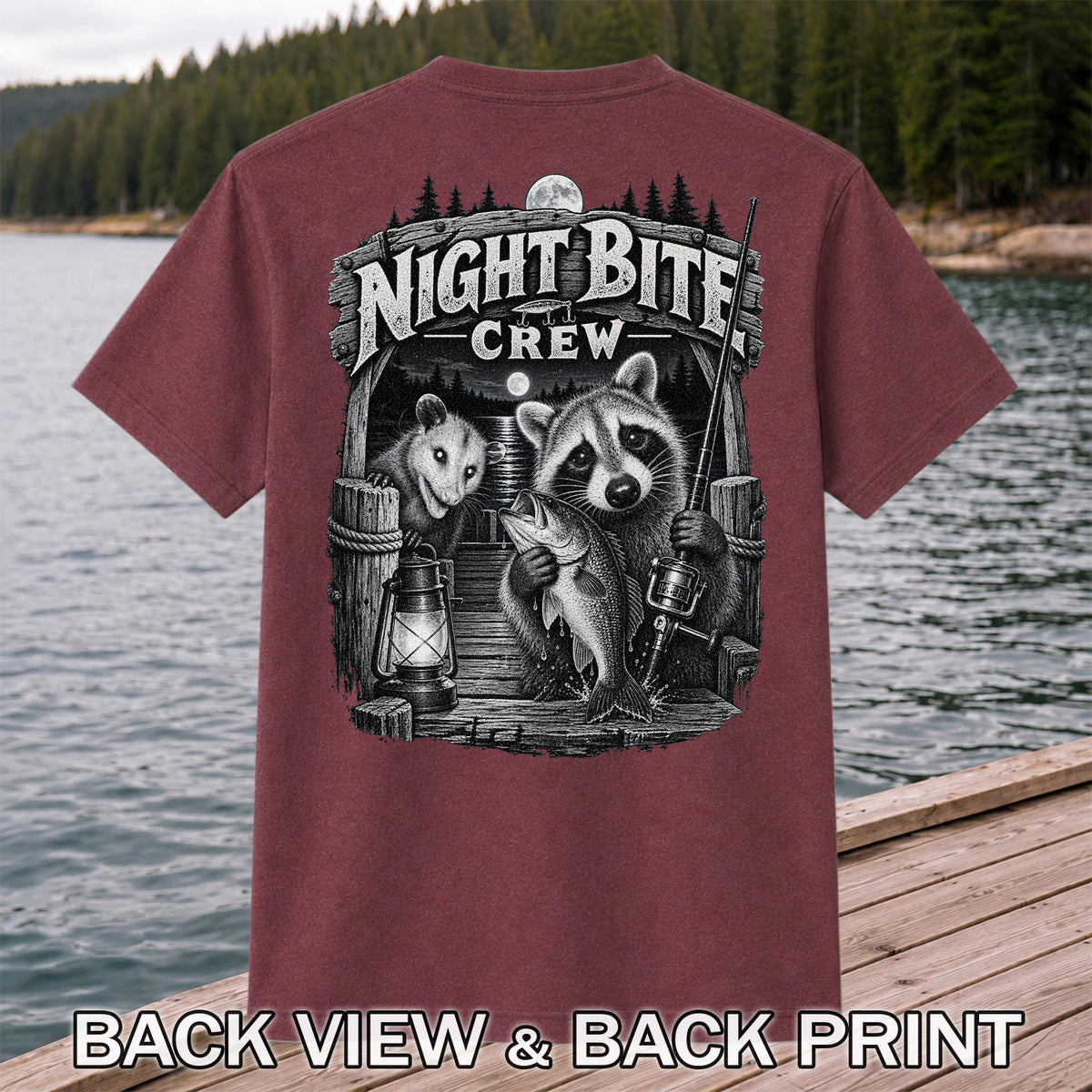 Night Bite Crew Raccoon and Bass Fishing Graphic T-Shirt | Back Print