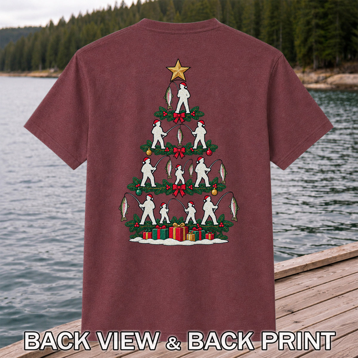 Christmas Tree with Anglers and Rainbow Trout Fishing Graphic T-Shirt | Back Print